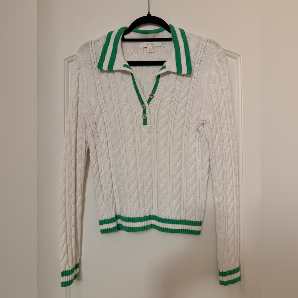 Lilly Pulitzer Suzette Cable Knit Sweater Resort White with Fauna Green Tipping